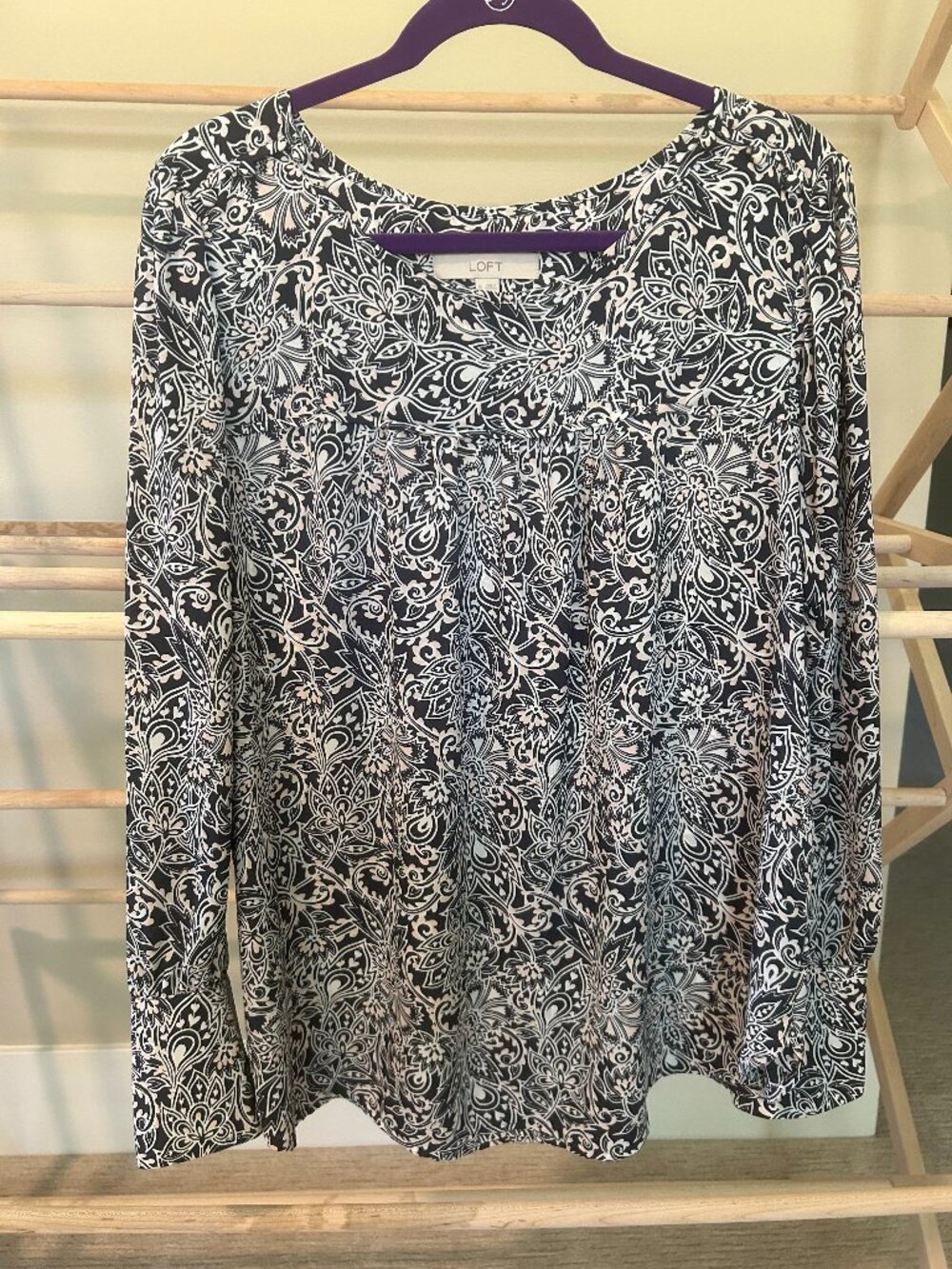 LOFT Black White Floral Paisley Yoke Long Sleeve Blouse XL